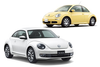 レトロデザインの嚆矢（こうし）として1998年に登場した「ニュービートル」（写真右上）と、その後継として2011年に登場した「ザ・ビートル」（同左下）。