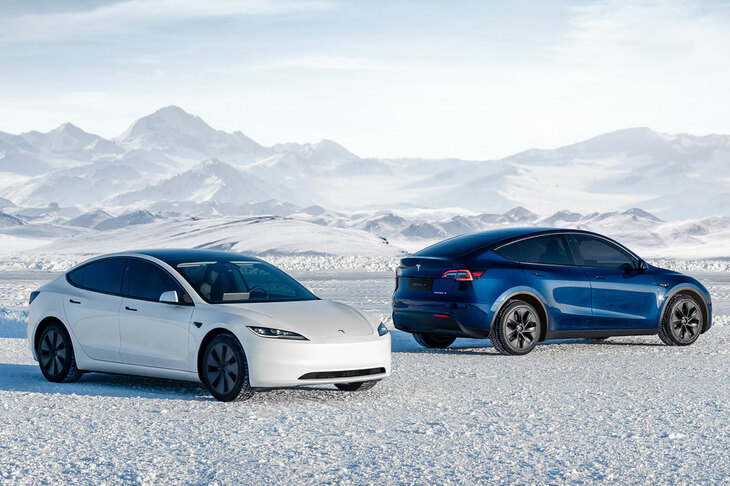 今日のテスラの販売を支える量販車種の2台。写真左がセダンの「モデル3」、同右がSUVの「モデルY」。