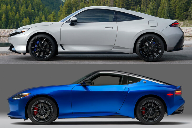 新型「ホンダ・プレリュード」（上）と「日産フェアレディZ」（下）の比較。2＋2ゆえのキャビンの大きさや、FFゆえの後ろ寄りのタイヤの配置などが、よくわかる。