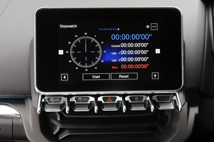 インストゥルメントパネルの中央には7インチモニターが配される。カーナビの機能はないが、ストップウオッチやブースト計、Gメーター、パワーメーターなどが表示できる。