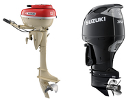 スズキの初代船外機「D55」（写真左）と現行のフラッグシップ機「DF350A」（同右）。
