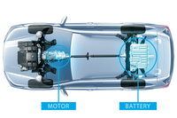 「e-BOXER」はCVTに1基のモーターを内蔵したシンプルなハイブリッド機構だ。前後重量配分を適正に保つべく、バッテリーは車両後方に積まれる。