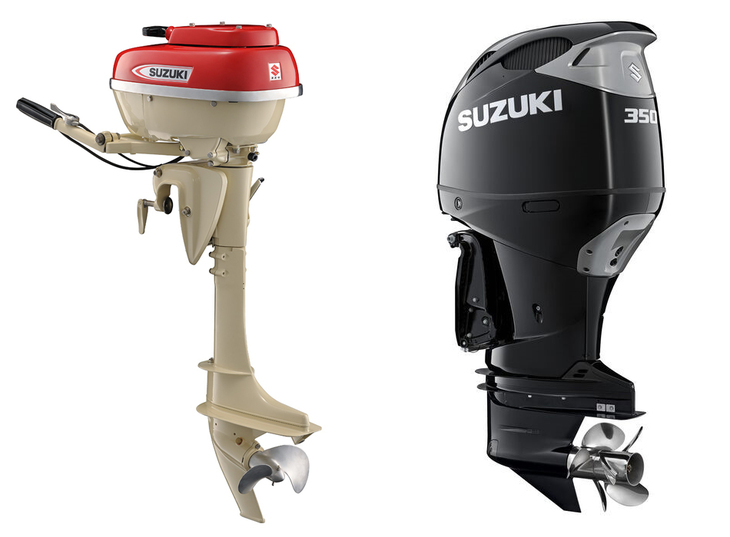 スズキの初代船外機「D55」（写真左）と現行のフラッグシップ機「DF350A」（同右）。