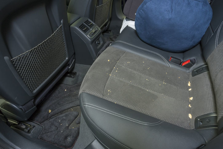 子供たちの菓子の食べこぼし。座面が斜めになっているので隙間はもちろんフロアマットにも菓子の破片がある。