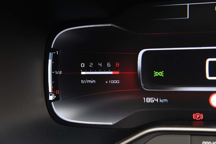 メーターパネルにエンジン回転計を表示したところ。極めて簡素なデザインで読み取りづらいが、レッドゾーンは6800rpm（くらい）から。