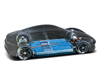 「タイカン」のパワープラントの透視図。床に敷きつめたバッテリーで2基のモーターを駆動する4WD機構は、「ミッションE」から受け継がれるようだ。