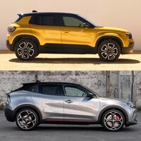 兄弟車である「ジープ・アベンジャー」（上）との比較。フロントと比べてリアのオーバーハングが短いアベンジャーに対し、「アルファ・ロメオ・ジュニア」（下）は前後の長さが同等か、あるいはそう見えるようにデザインされている。