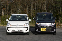 「move up!」はハロゲンヘッドライトを装着。「ワゴンRスティングレー」はディスチャージヘッドライトが備わり、LEDイルミネーションをフロントグリルとヘッドランプに採用する。