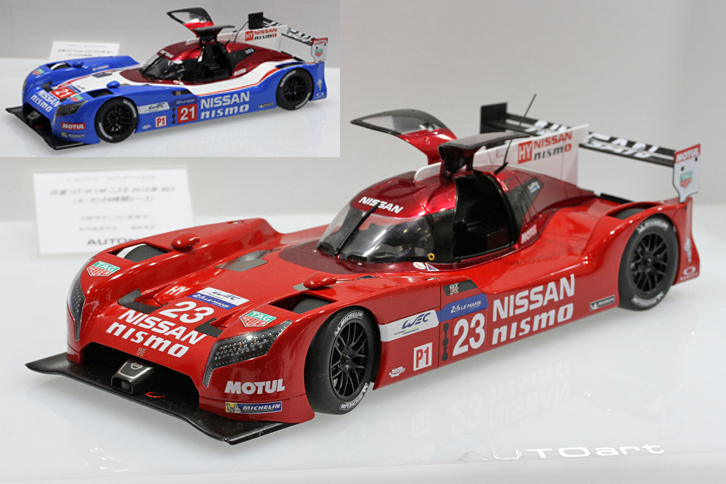 オートアートの1/18「日産GT-R LMニスモ 2015」。ボディーにABS樹脂、インナーボディーにダイキャストを採用、ダイキャストモデルに劣らない重量感とシャープな表現を両立させた同社独自のオートアート・コンポジットモデル（完成品）。2016年内発売予定で価格未定。