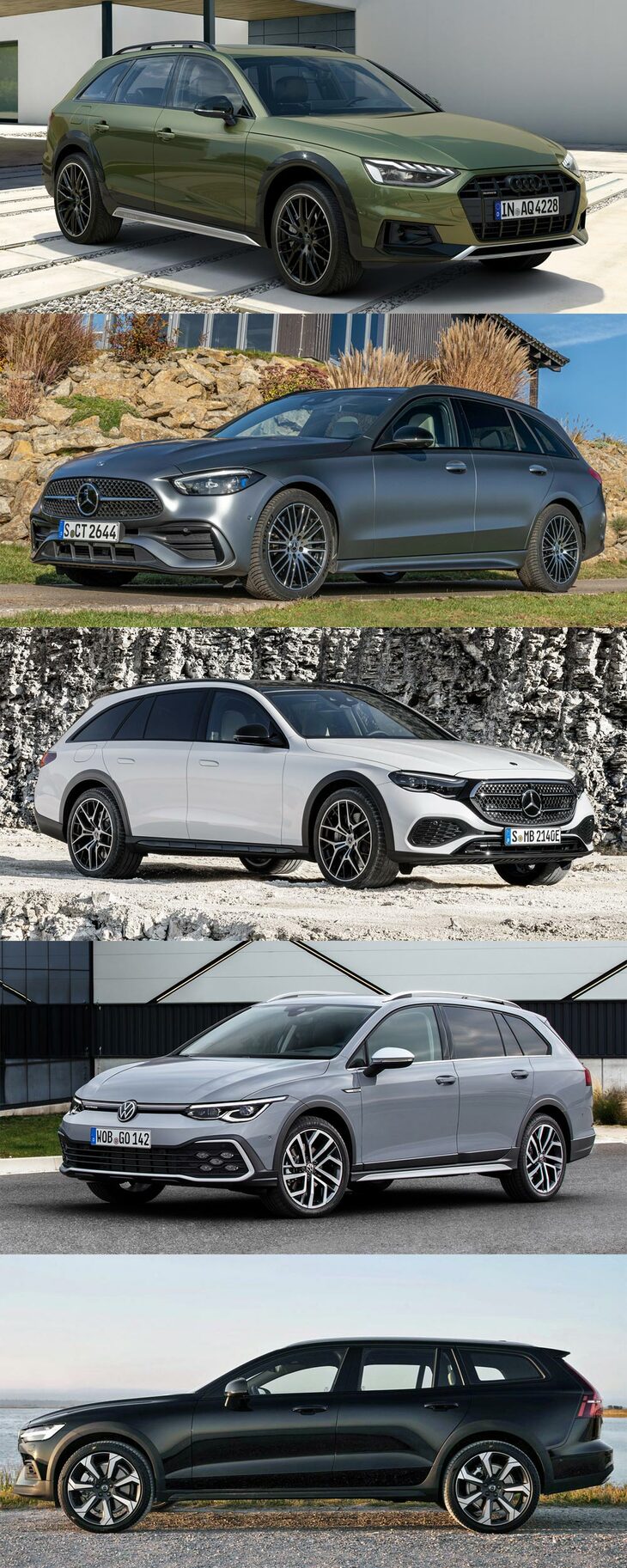 上から順に「アウディA4オールロードクワトロ」（170mm）、「メルセデス・ベンツCクラス オールテレイン」（150mm）、「メルセデス・ベンツEクラス オールテレイン」（145mm、ただしエアサス付き）、「フォルクスワーゲン・ゴルフ オールトラック」（175mm）、「ボルボV60クロスカントリー」（210mm）。カッコ内は最低地上高の数値。