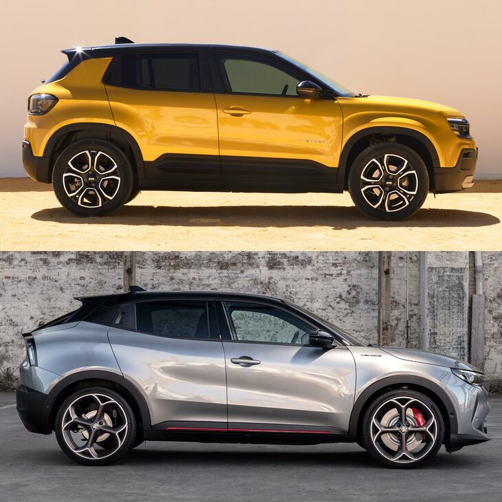 兄弟車である「ジープ・アベンジャー」（上）との比較。フロントと比べてリアのオーバーハングが短いアベンジャーに対し、「アルファ・ロメオ・ジュニア」（下）は前後の長さが同等か、あるいはそう見えるようにデザインされている。