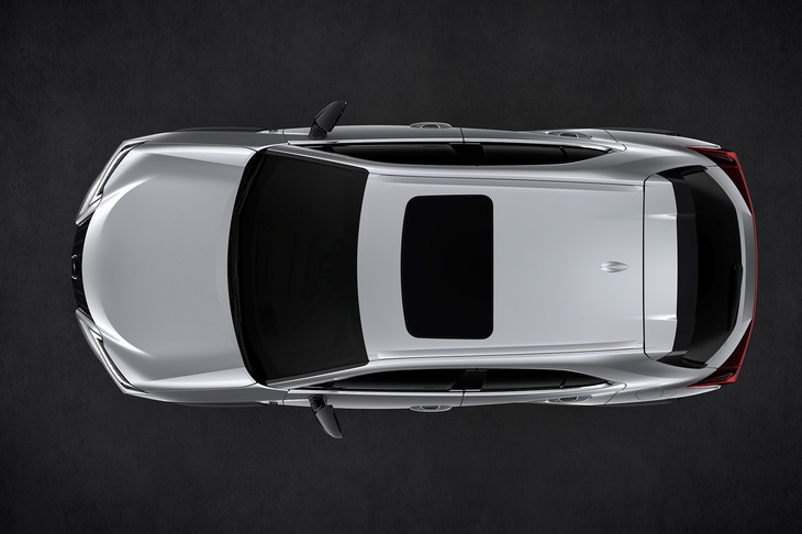 「レクサスUX」を真上から見た図。はっきりと台形型をしたルーフの形状や、Bピラーを過ぎたあたりから内側へ向けて曲線を描き始めるショルダーラインに注目。リアフェンダーの張り出しを強調するため、上屋をすぼめているのだ。