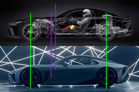 「GR GT」と「LFAコンセプト」のサイドビューの比較（前者は真横の画像がなかったので、透視図でご容赦を）。同寸だというホイールベースをそろえてみると、フロントウィンドウの位置が大きくズレているのがわかる。ドアの切り欠きもGR GTのほうが後ろ寄りで、乗員の搭乗位置も後ろ寄りに見える。
