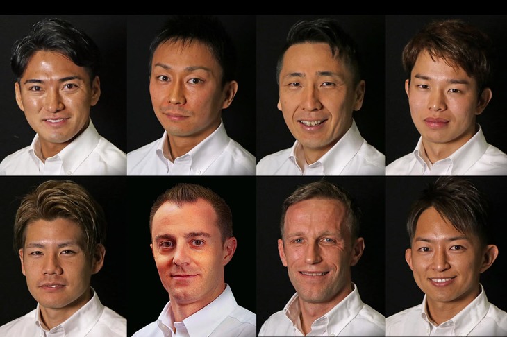 日産系チームからSUPER GT 2022に参戦する8人のドライバー。写真左列から順に（上段／下段のコンビで）、千代勝正／高星明誠、平峰一貴／ベルトラン・バゲット、松田次生／ロニー・クインタレッリ、佐々木大樹／平手晃平。