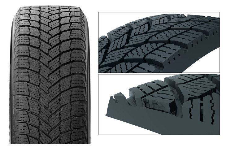 新世代のVシェイプトレッドパターンにはVTSサイプやNewクロスZサイプを施すことでブロックの倒れ込みを防止し、安定感を高めている。