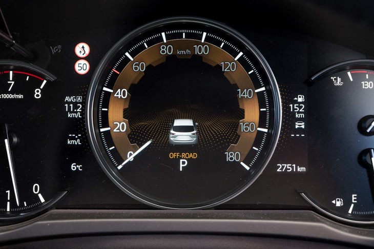 センターメーターのカラーリングは走行モードにより変化する。写真はオフロードモード選択時のもので、スポーツモードでは赤色になる。