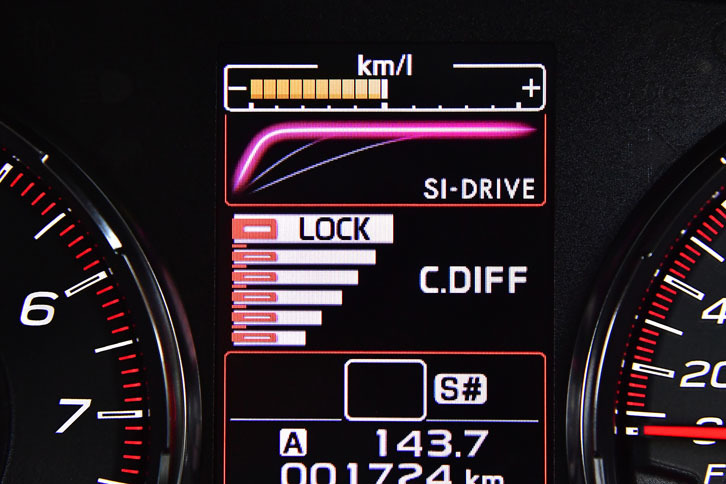 
	マルチモードDCCDにはマニュアルモードも用意されており、ロックからフリーまで6段階で設定できる。設定状況はメーターの中央部にバーで表示される。
	