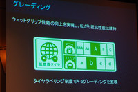 発表会におけるスライド資料から。「タイヤの転がり抵抗を抑えながら、優れたウエットグリップ性能も実現した」とミシュランは胸を張る。