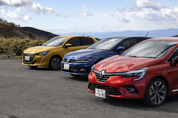 今回試乗したのは「ルノー・ルーテシア」（右）、「フォルクスワーゲン・ポロ」（中央）、「プジョー208」（左）の3台。欧州Bセグメントの代表的なモデルである。