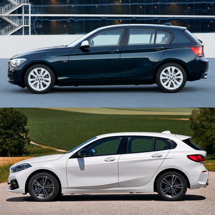 2011年に登場した2代目（上）と2019年に登場した3代目（下）の「1シリーズ」。1シリーズは3代目において、エンジン縦置きのFRベースからエンジン横置きのFFベースへと駆動レイアウトを変更。それに伴い、スタイリングも様変わりした。