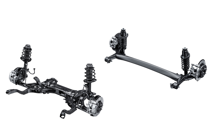 サスペンションは前がマクファーソンストラット式、リアがトーションビーム式。高剛性のボディーに合わせてジオメトリーを最適化しており、接地感のあるフラットな走りを追求している。