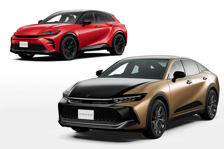 「クラウン クロスオーバー」（写真右下）と「クラウン スポーツ」（同左上）の車体の立体構成は、基本的に共通。フロントからドアパネルにかけてのひとつの塊を、リアの塊が“く”の字に覆いかぶさるようにして、リアドアあたりで受け止めている。