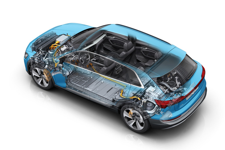 アウディ初の量販BEVとして登場した「e-tron」は、内燃機関の搭載を前提としたプラットフォームMLB evoをベースに開発された。