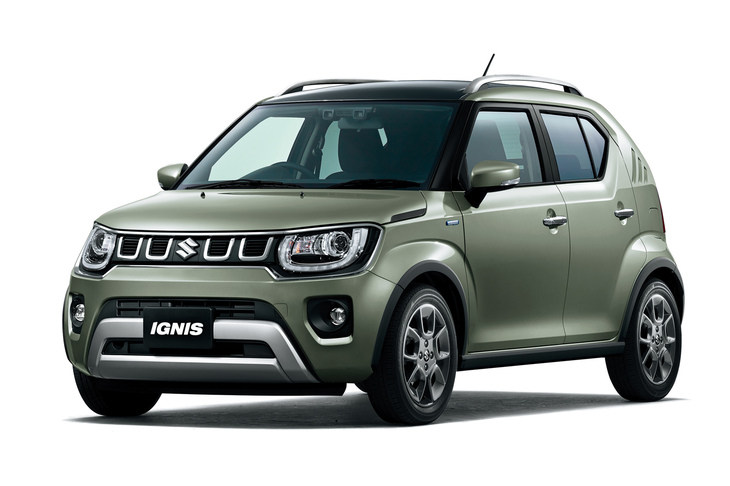 専用デザインのバンパーなどが特徴の「イグニス ハイブリッドMF」。写真のボディーカラー「タフカーキパールメタリック」は、同グレード専用色となっている。