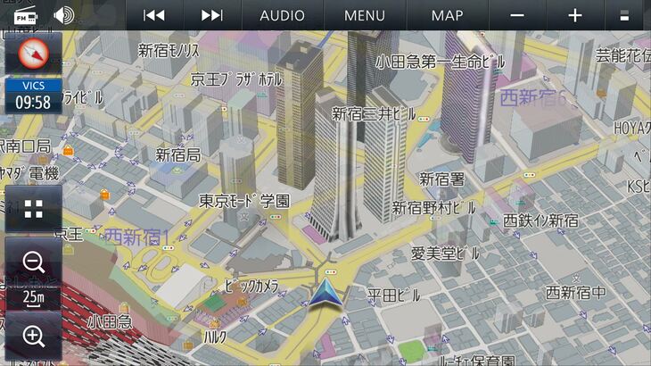 一段とリアルな描写となった3D地図。この状態でフリック操作すると、高層ビル群がスムーズに角度を変えて動いていく。