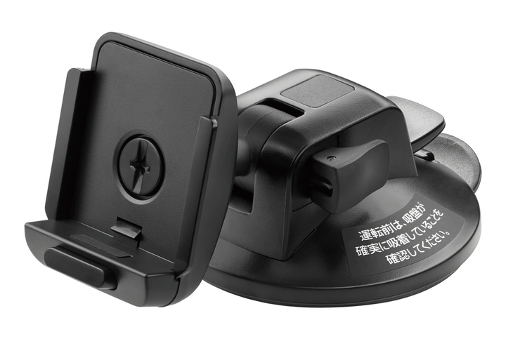 ゴリラはこの吸盤スタンド（商品に同梱／オプションの用意もあり）でクルマのダッシュボードに取り付ける。吸盤だからダッシュへの影響は少ないが、曲面形状など吸盤式が難しいクルマには貼り付け式のスタンドを使うといい。こちらはオプションのみの設定。