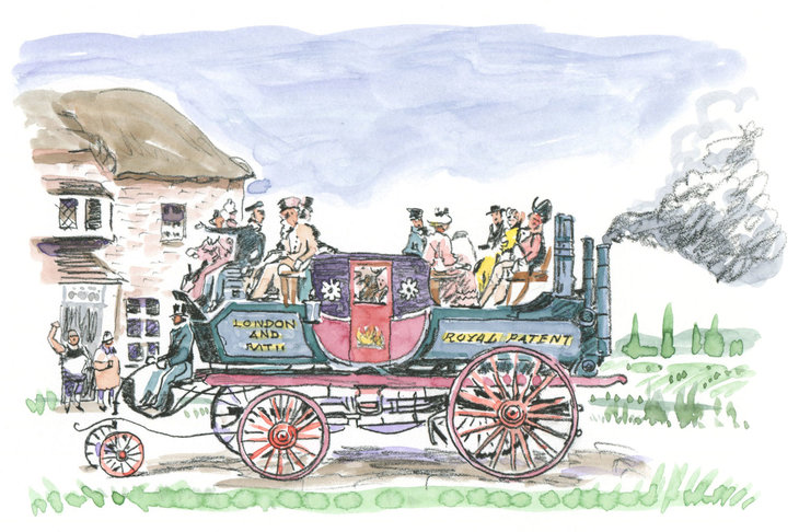 
	ゴールズワージー・ガーニーの蒸気自動車。ガーニーは1829年にも、蒸気トラクターで客車をけん引する乗り合いバスを製作している。
	