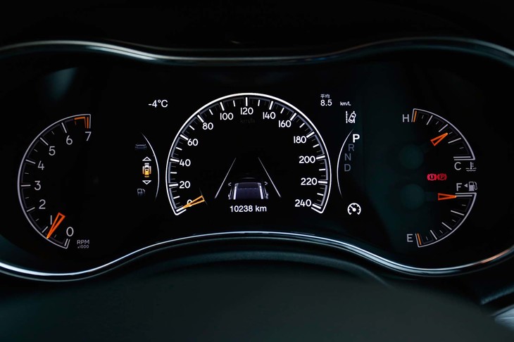 「グランドチェロキー」のメーターパネル。中央の速度計が表示されている部分は7インチの液晶画面になっており、機械式のエンジン回転計（左端）と燃料計・水温計（右端）が組み合わされる。