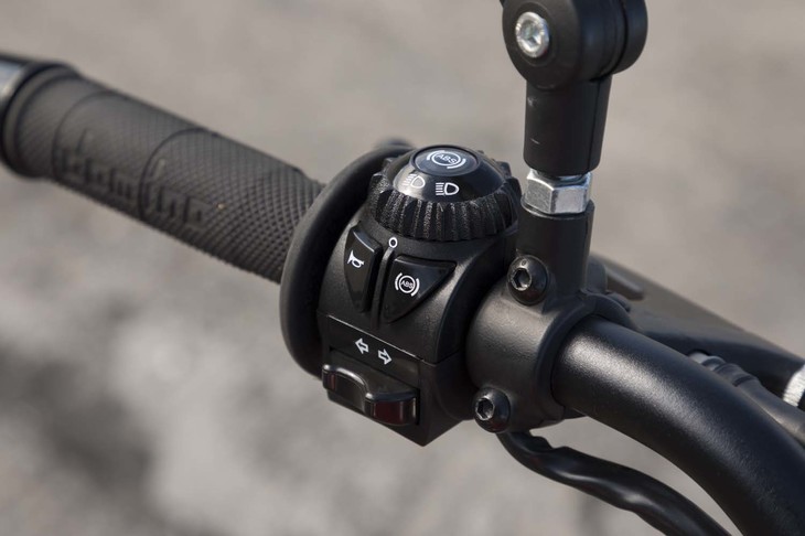 左側ハンドルバーには、ABSやライト、ホーン、ウインカーのスイッチがレイアウトされている。