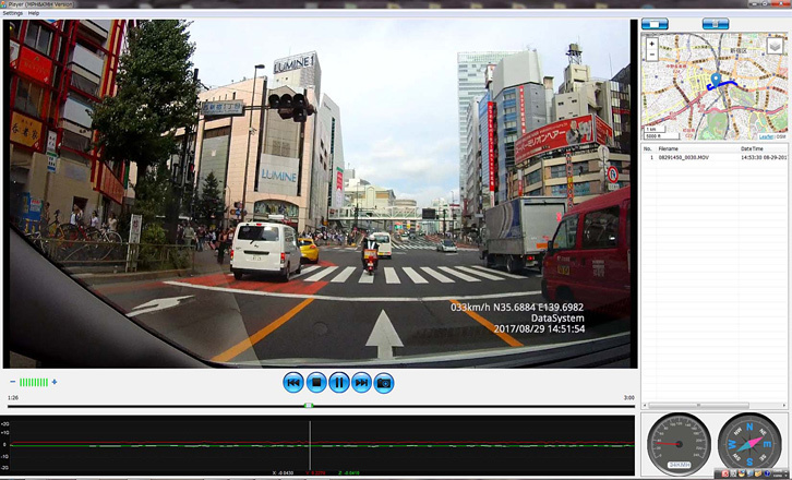 WindowsPCで使えるビューアーソフトはデータシステムのウェブサイトからダウンロード可能。位置や車速もわかる。