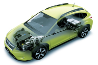 「XVハイブリッド」では、モーターはCVTのプライマリープーリーの後方に搭載。パワートレインが前後方向に伸びないよう、工夫されている。