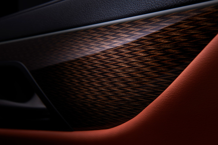 他のグレードとは異なるインテリアの仕様も「LX600“エグゼクティブ”」の特徴。独自デザインのシート表皮に加え、オーナメントパネルには縞杢（しまもく）のほかに同車専用のアートウッド（鷹羽）も用意される。