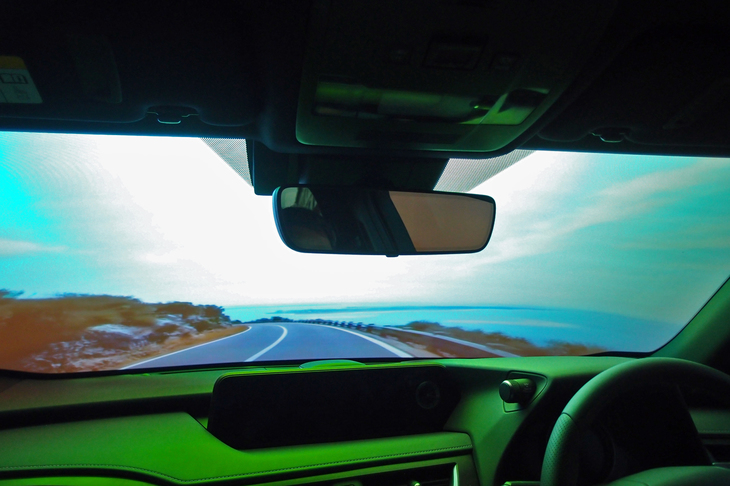前出「LEXUS UX SIMULATOR（レクサスUXシミュレーター）」の内部。運転しているかのように流れる風景のほか、さまざまなイメージ映像が投影される。