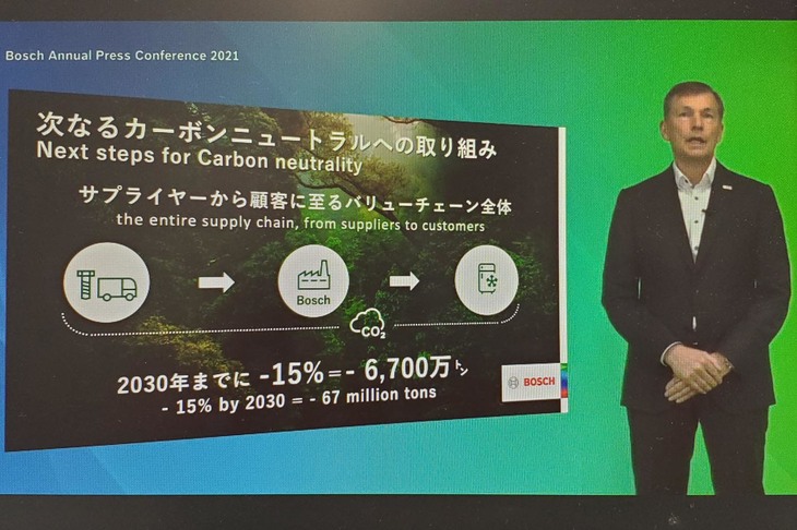 オンラインでの記者会見に臨む、ボッシュのクラウス・メーダ―代表取締役社長。