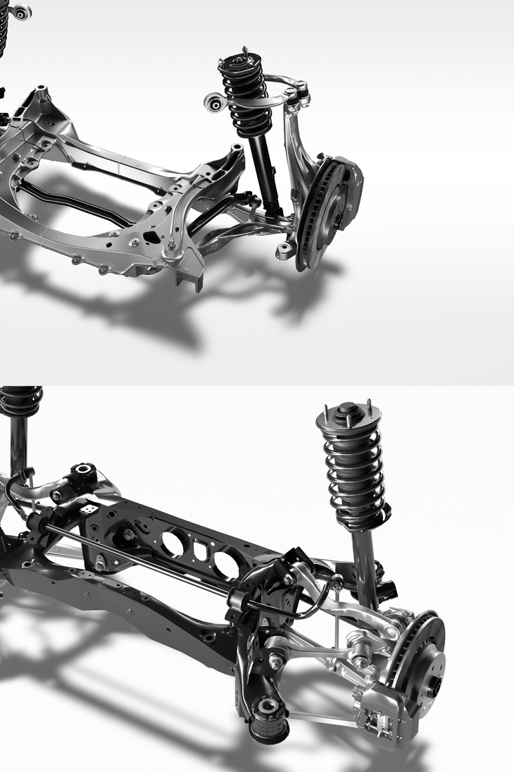 サスペンションは前後ともにマルチリンク式で、走行状態や路面状況に加え、カーナビの地図情報も参照して減衰力を自動調整する電子制御ダンパー「NAVI・AI-AVS」が標準で装備される。
