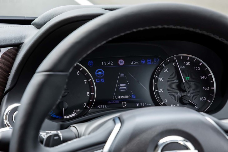 「プロパイロット2.0」作動中のメーター。写真のように、エンジン回転計横にあるステアリングホイールのグラフィックがブルーで表示されているときに、手放し運転が行える。