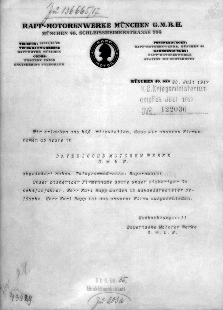 航空機産業に携わる2社を母体とするBMW。その生い立ちは複雑だが、メーカー自身はオットー社がバイエリッシェ・フルークツォイク・ヴェルケ（BFW）に改称した1916年3月7日を創立の日としている。なお、公の文書で今日のメーカー名に通じるバイエリッシェ・モトーレン・ヴェルケ（BMW）という名称が初めて記録されたのは、ラップ社がその名に社名変更した1917年7月23日のことだ。