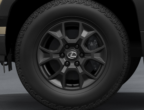“オーバートレイル＋”に装着される265/70R18サイズの新タイヤと、マットグレー塗装の18インチアルミホイール。