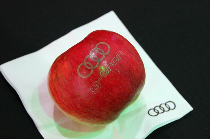 かつてカルロ・アバルトはリンゴでダイエットに挑戦し、壮年期になってからフォーミュラカーのコックピットに潜り込むことに成功した。これはアウディが会場で配っていたリンゴ。アウディのクルマはボディーを軽量化しているのだから、皆さんもよろしく、という意味か？