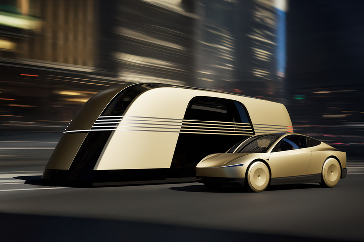 テスラが発表した「ロボタクシー」（写真向かって右）と、20人乗りの「ロボバン」（同左）。後者も自動運転で運行される電気自動車だ。