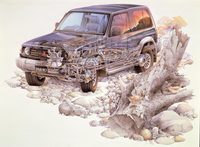 2代目「パジェロ」の透視図。駆動システムには「スーパーセレクト4WD」の他、バンにはコンベンショナルなパートタイム4WDも用意された。