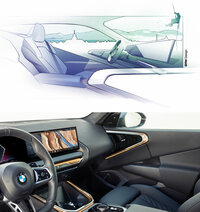 インテリアのデザインスケッチ（上）と実車のインテリア（下）。ダッシュボードの下から斜め上へと向かう流れが、明確に意図されている。