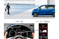 「衝突警報機能（対歩行者）」では、歩行者と衝突する危険性を検知すると、ブザー音とメーター内の表示でドライバーに警告を行う。