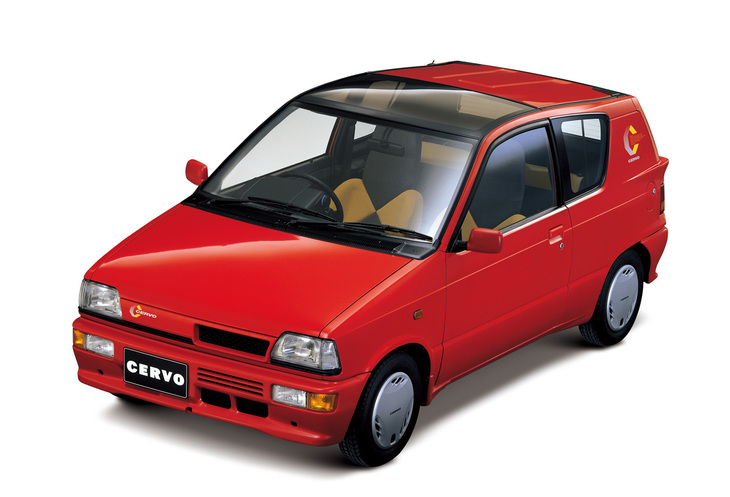 1988年「スズキ・セルボ」。“ボンバン”こと商用車登録のスペシャルティーカーで、グラスルーフは標準装備だった。