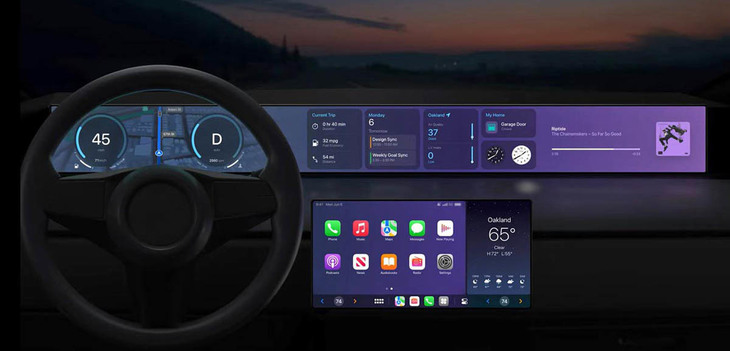 アップルが2022年6月に発表した、次世代「CarPlay」のイメージ。アプリケーションの関与する領域が、センターモニターだけでなくメータークラスター全体、つまり車両制御の根幹にまで及ぶことを示している。