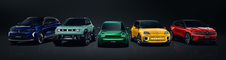 ルノーの新会社「アンペア」が手がけるBEVのラインナップ。右から「メガーヌE-TECHエレクトリック」「5（サンク）」「トゥインゴ レジェンド」「4ever（フォーエバー）」、そして「セニックE-TECHエレクトリック」。ルノーは2030年までに欧州で販売する乗用車の90％をBEVにすると表明している。